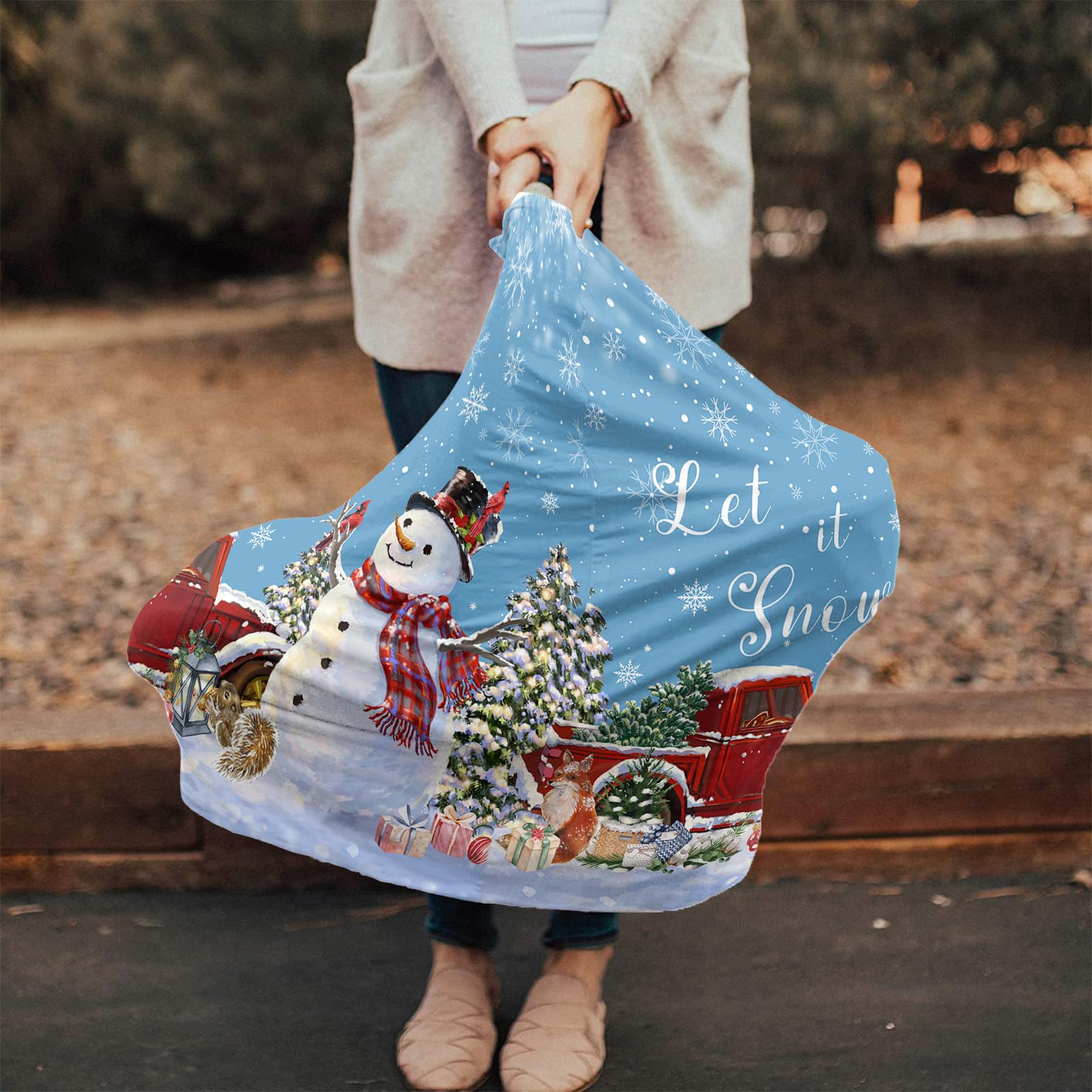 Nursing Cover for Breastfeeding Scarf, Merry Christmas Tree Truck Snowflake Xmas Snowman Blue Baby Car Covers Super Soft Multi Use for Canopy Shopping Cart Cover Blanket Stroller Cover