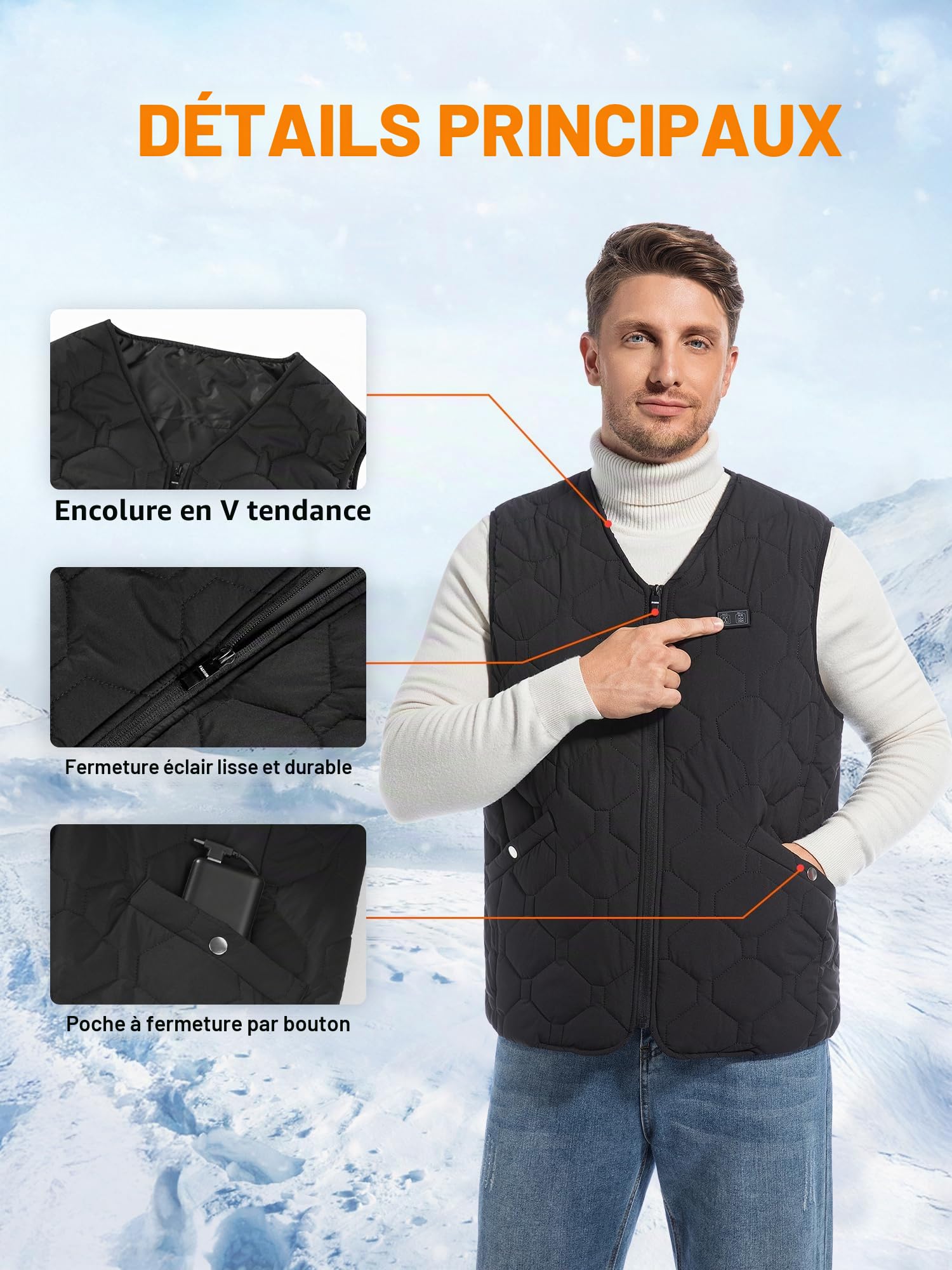 Rrtizan Gilet chauffant pour homme et femme avec batterie externe, gilet chauffant avec 3 niveaux de température et 15 feuilles de chaleur, veste chauffante électrique sans manches, lavable pour