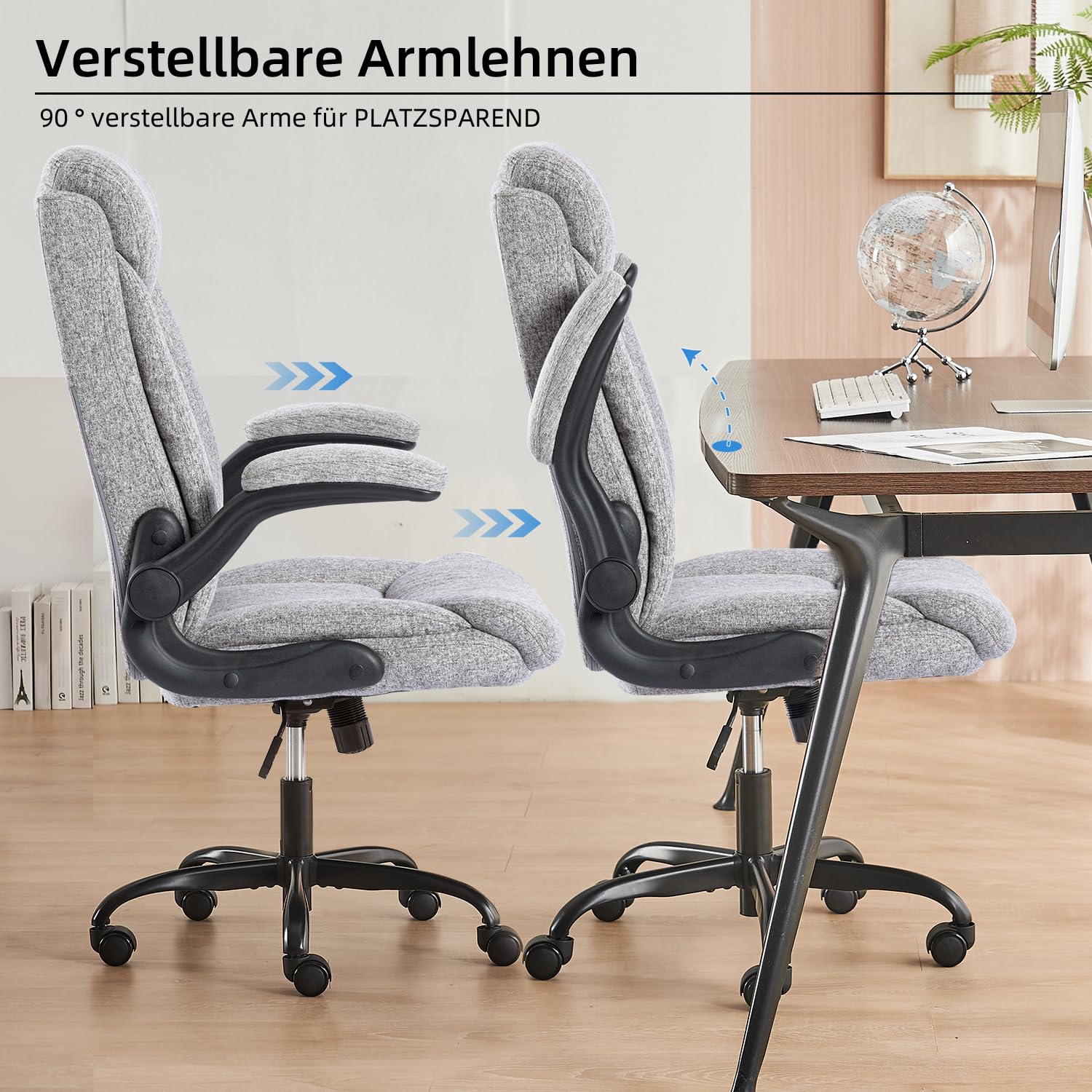 MZLEE Ergonomischer Bürostuhl Computerstuhl Schreibtischstuhl Drehbarer Arbeitsstuhl mit hochklappbarer Armlehne, höhenverstellbar, Bequem für Büro Heim Gaming (Grauer Stoff)