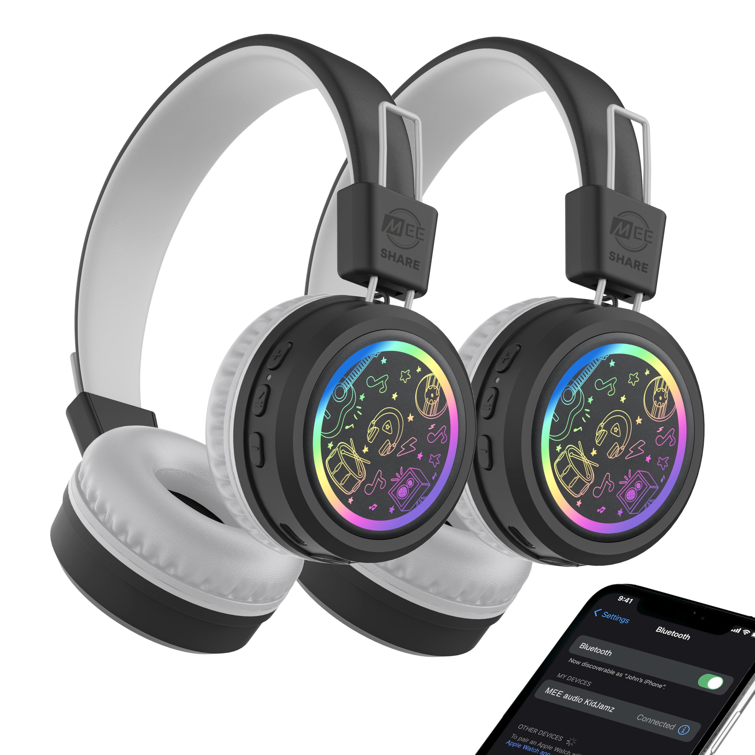 MEE audio KidJamz Share Bluetooth Headphones for Kids with LED Lights, 85dB Volume Limiter, Microphone, 40h Battery; Childrens Headset for School/iPhone/iPad/Tablet (Model: KJ55BT-S, 2-Pack)