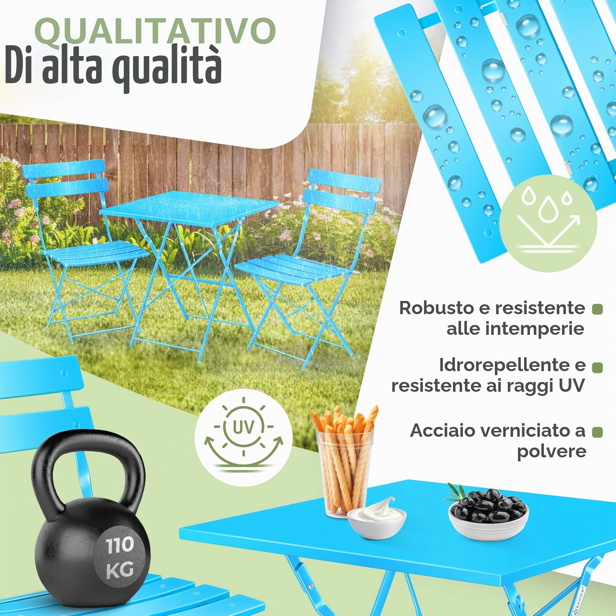 KESSER® Set di mobili da bistrot 3 pezzi con tavolo da bistrot e 2 sedie pieghevoli | Set di mobili da giardino per esterni, gruppo di sedute | Tavolo da giardino resistente ai raggi UV e agli agenti