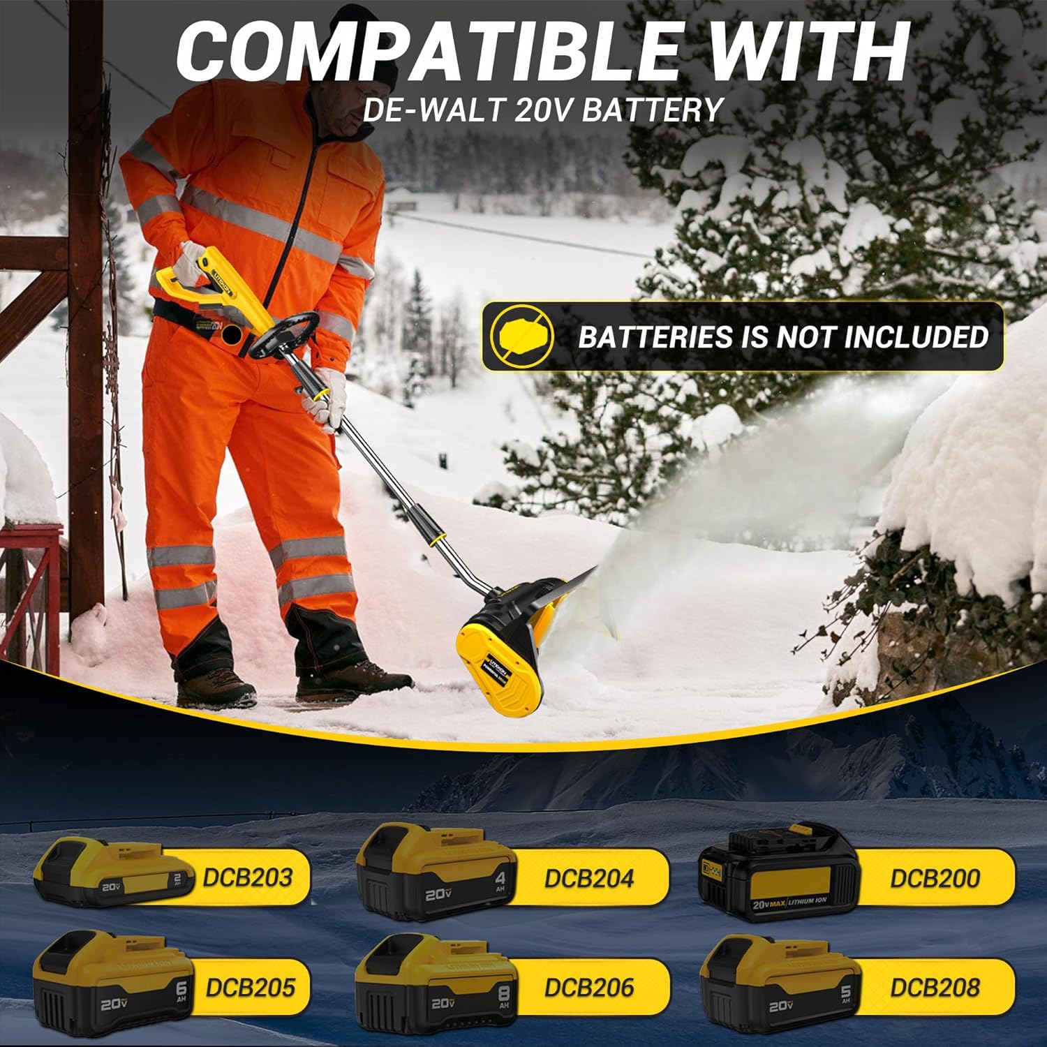 Cordless Snow Shovel Compatible with De-Walt 20V Battery (No Battery), 13-Inch Brushless Electric Snow Blower for 25FT Throw Distance and 6 Clear Depth for Patio, Deck, Driveway