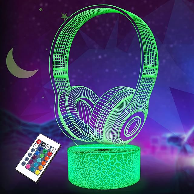 3D Headphone Night Light, Lightzz Headset Illusion lamp with Remote + Touch 16 Color Flashing Changing + Timer Desk Lamps for Kids Gamer Birthday Gifts Room Decor
