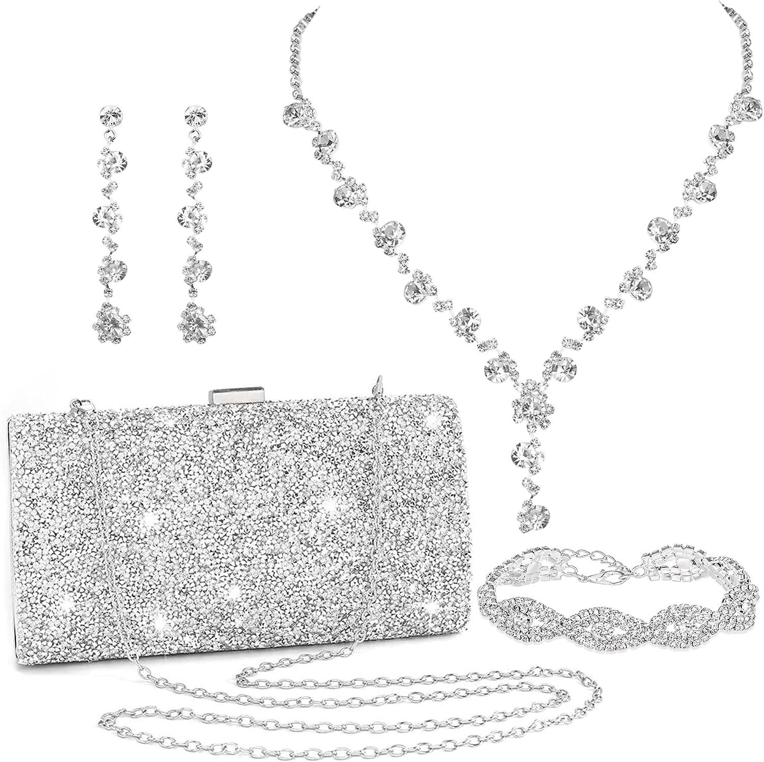 FEYIR Clutch Purse Jewelry Set for Women Evening Bags Rhinestone Crystal Necklace Earrings Bracelet Set Formal Wedding Bridal Accessories Jewelry for Prom