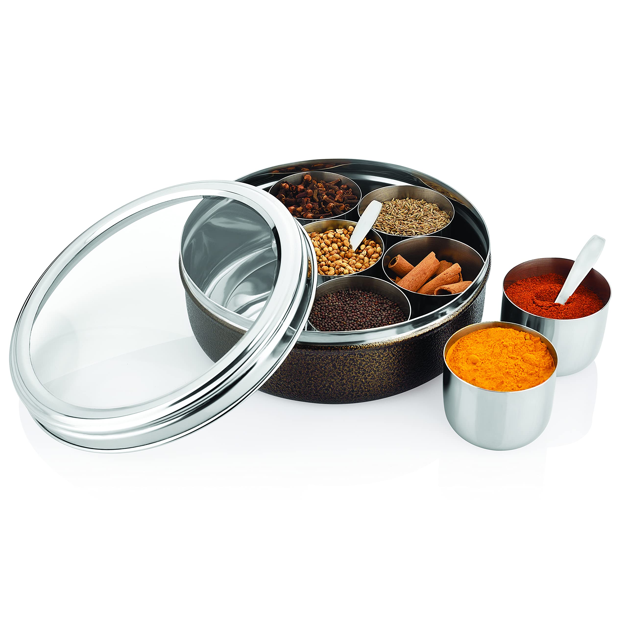 SPRINGWAY - Brand of HappinessStainless Steel Sigma Masala Dabba/Spice Container includes 7 Container | 2 Spoons [Size no. 11, 19cm Dia, 1.35 LTR Capacity]