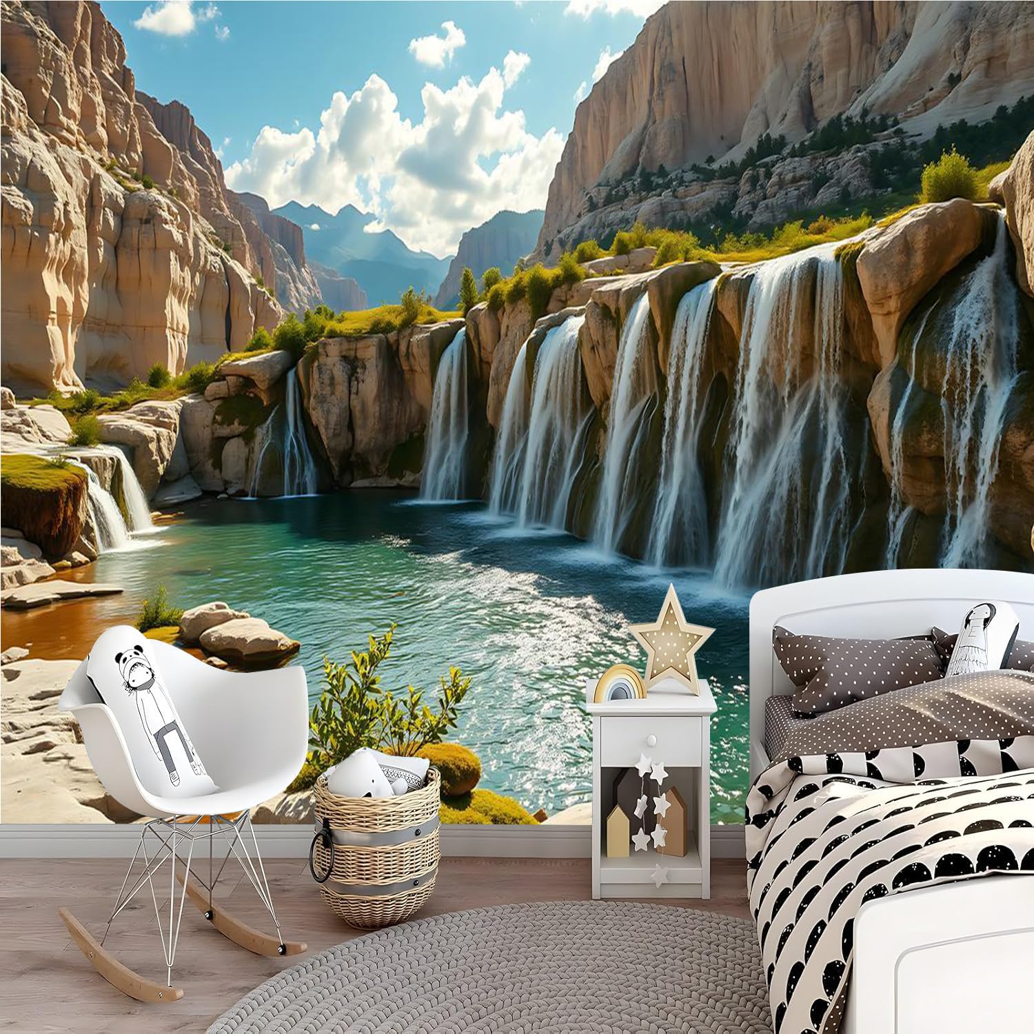 Carta da parati effetto 3D Cascata Montagna 300 x 210 cm Murale Non Tessuto Natura Paesaggio Fotomurale Stampa HD Moderna Poster Per Soggiorno E Camera Da Letto Design 2M1844