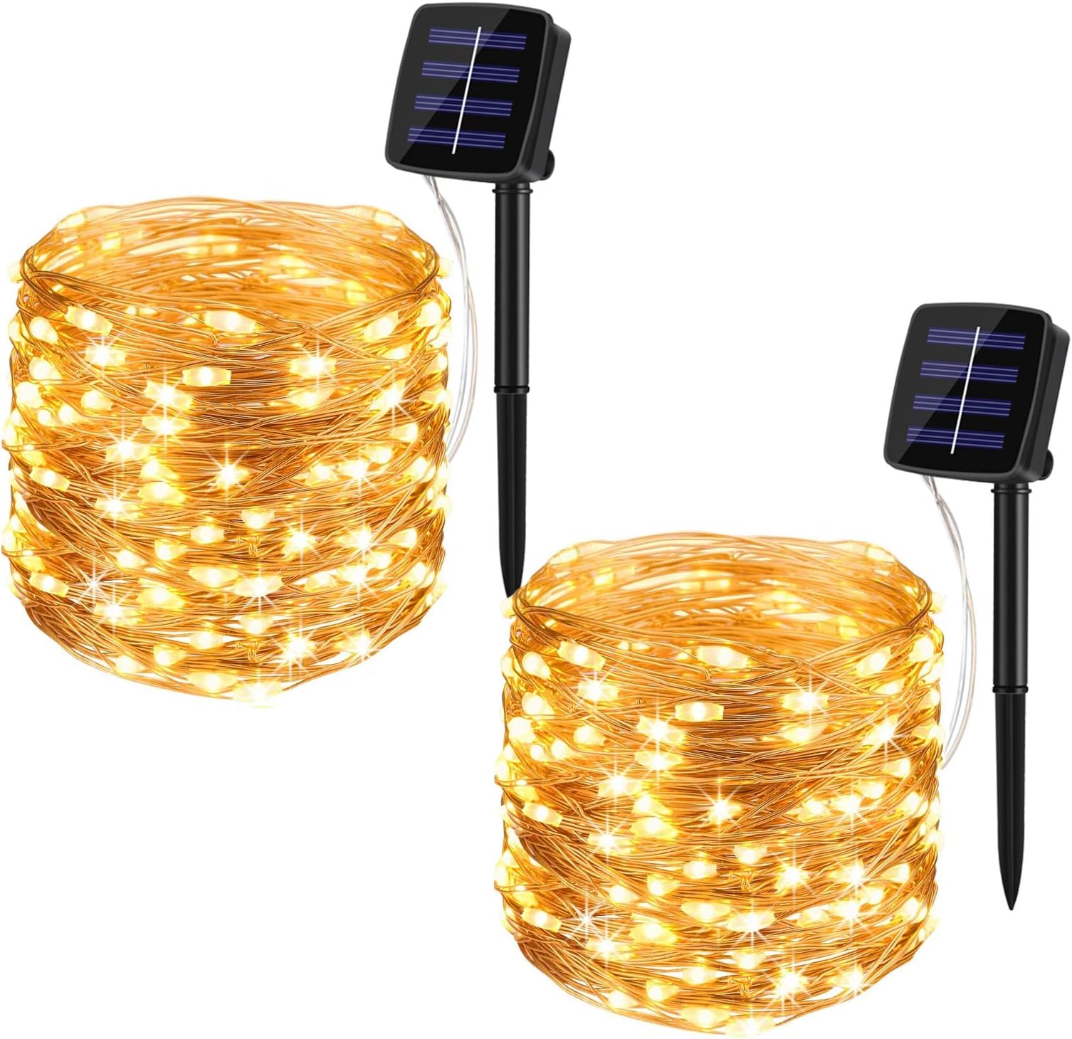 Outdoor Solar String Lights, 2 Pack 33Feet 100 Led Solar Powered Fairy Lights with 8 Modes Waterproof Decoration Copper Wire Lights for Party Patio Gate Yard Wedding Christmas(Warm White,2 Pack)