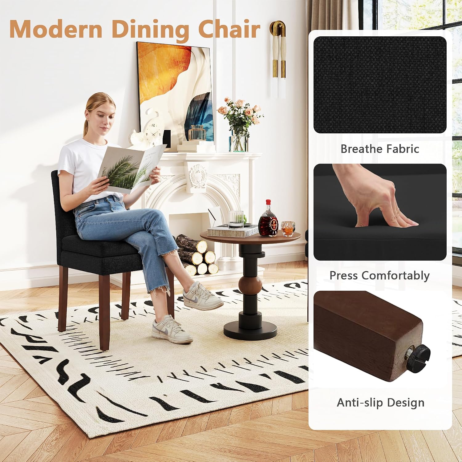 Upholstered Dining Chairs Set of 6, Modern Dining Chairs with Double-Layer Cushions and Wood Legs, Linen Kitchen Accent Side Chairs, Farmhouse Armless Chairs for Dining Room Kitchen, Black