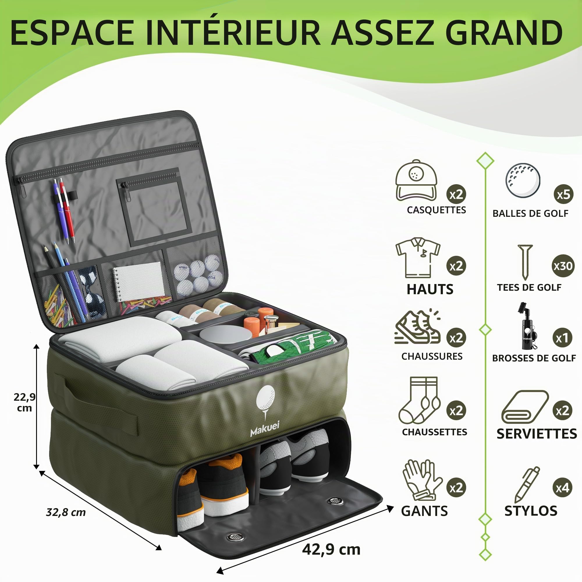 Makuei Organisateur d'accessoires de golf pour voiture - Idéal pour ranger brosses, tees, balles, répare-pitch, vêtements et autres accessoires - Cadeau de golf parfait
