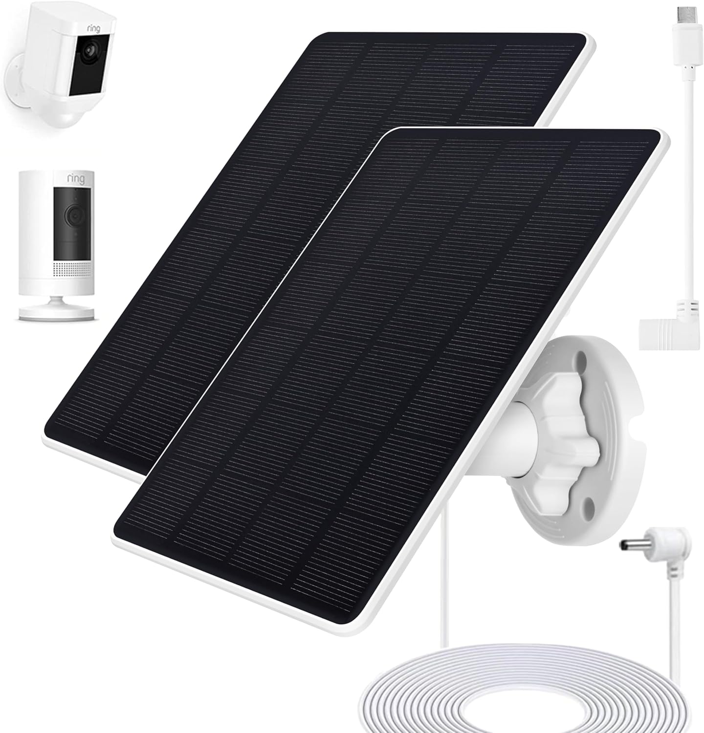 Ring Camera Solar Panel, Compatible with Ri ng Stick Up Cam Battery, Ring Spotlight Plus/Pro Battery, Waterproof 5V6W, 9.8 inch Long Charging Cable (2Pack) (White) White 2Pack