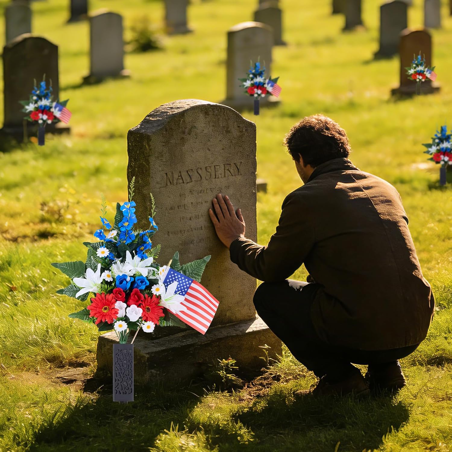 Memorial Day Flowers for Cemetery, 16-Head Flowers Upgraded Artificial Patriotic Cemetery Flowers for Grave, Grave Decorations for Cemetery, Red White Blue Roses with American Flags