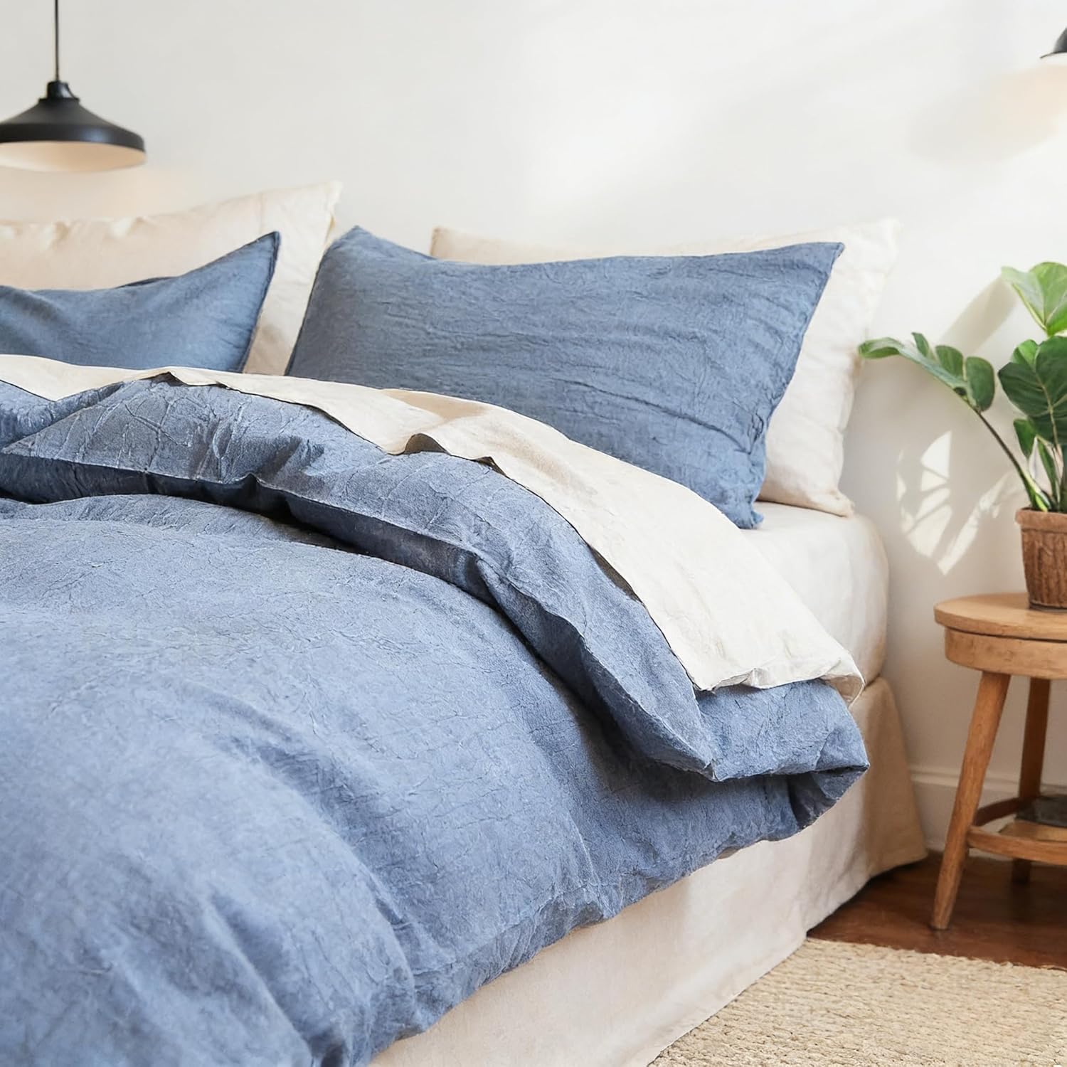 Duvet Cover Set King, 100% Washed Cotton Linen Like Cooling Breathable Durable Home Bedding Set 3Pcs, Navy Blue