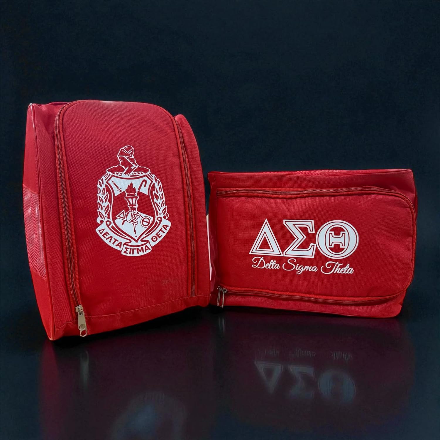 Delta Sigma Theta Sorority Shoe Bag Set – Red Travel Shoe Storage Bags with Crest & ΔΣΘ Logo, Zippered Organizer for Luggage, Gym, or Overnight Trips