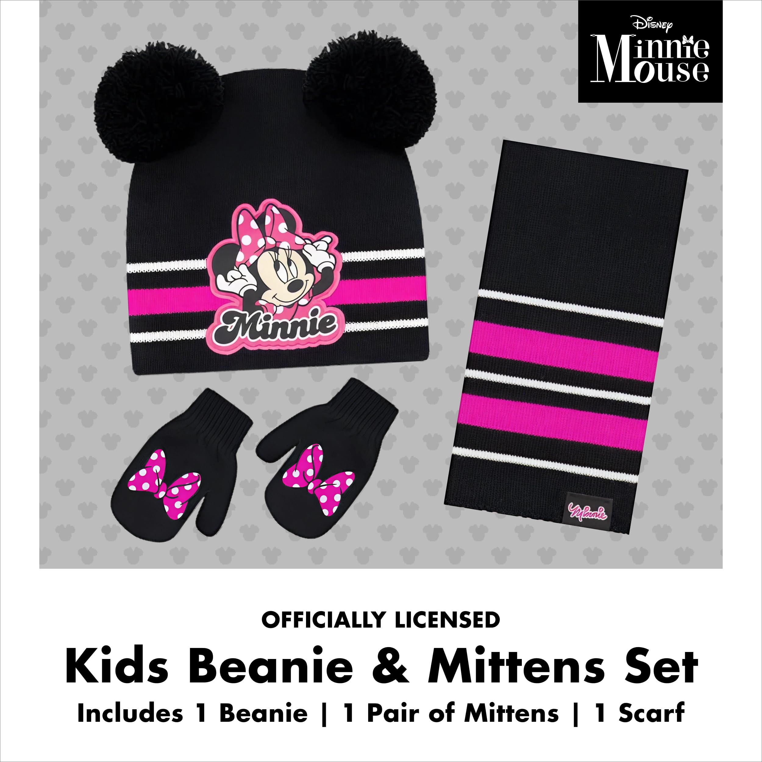 Disney Girls Toddler Winter Hat, Scarf & Mittens Set 2-4 Or Minnie Mouse Hat, Scarves & Kids Gloves Sets 4-7