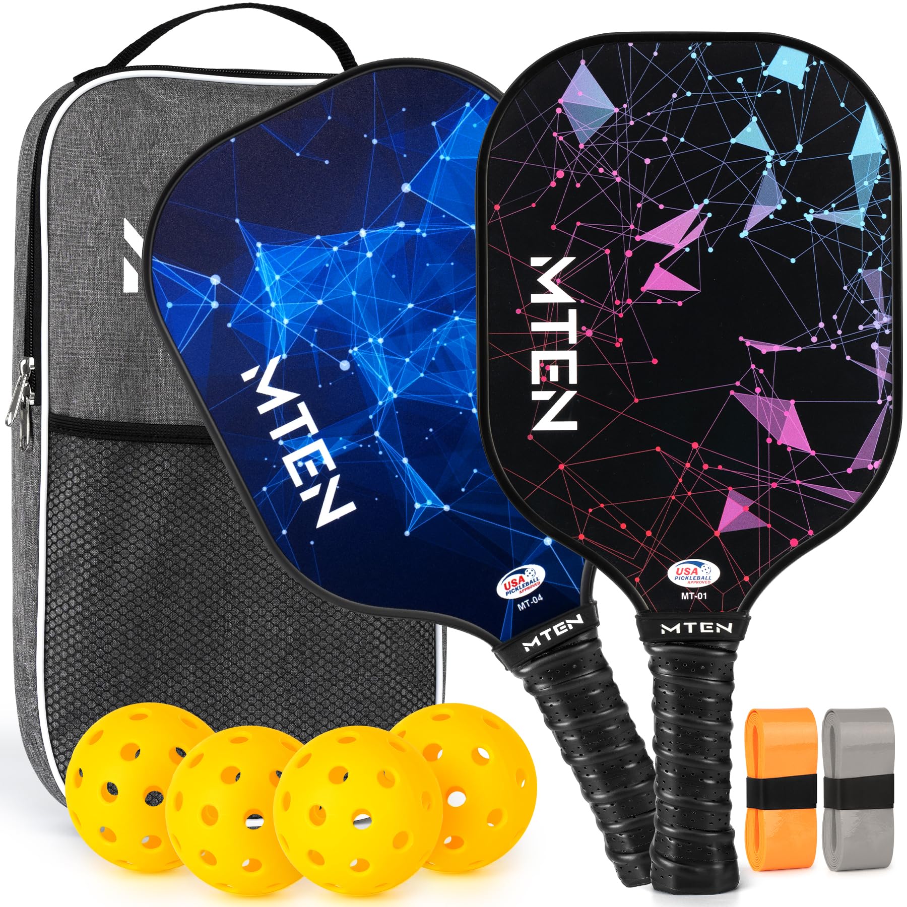 MTEN Pickleball Paddles, USAPA Approved Pickleball Paddles Set of 2, Fiberglass Surface Pickleball Set, 2Pickleball Rackets, 4 Pickleball Balls, 2Grip Tapes & Carry Bag for Men Women