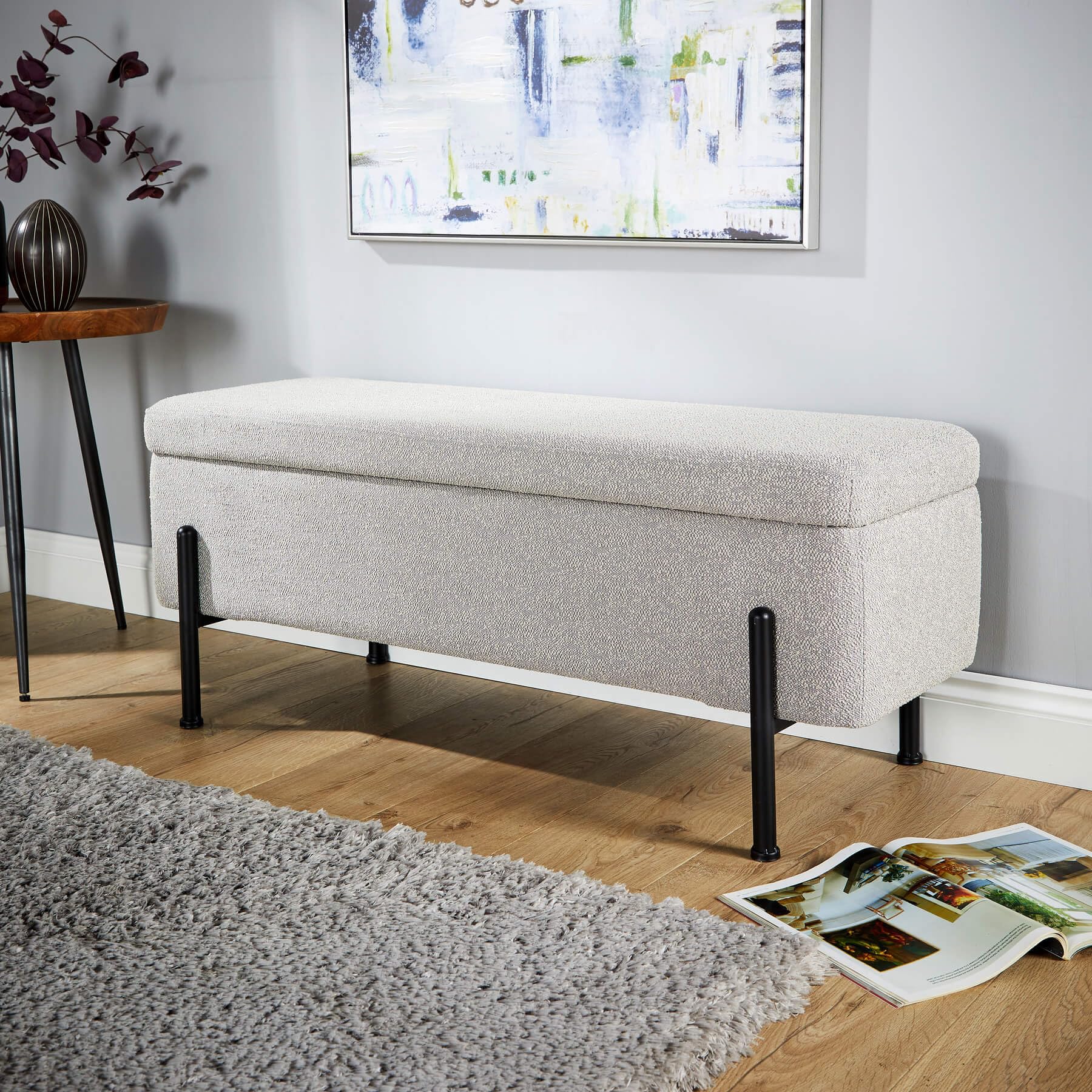 Home Source Boucle Fabric Storage Ottoman Blanket Box, Black Metal Legs, Grey