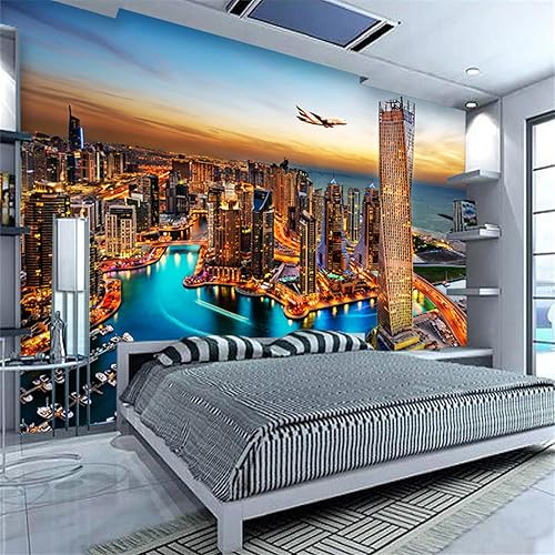 Miniatura 3 de Murales de pared con vista nocturna a la orilla del mar, edificios altos 3D, papel tapiz de pared 3D, buena transpirabilidad, sin arrugas, para