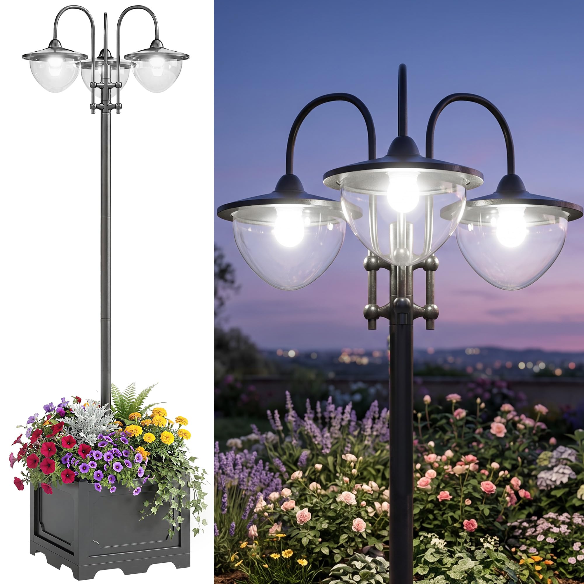 Outsunny 189cm 3-Head Solar Lamp Post Street Light with Planter LED, Black