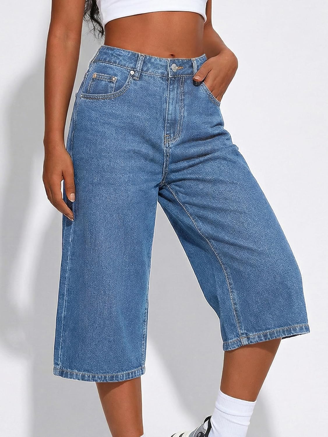 Emmiol Long Baggy Denim Jorts for Women - High Waisted Bermuda Y2k Jean Shorts Wide Leg Casual Trendy Streetwear Summer Pants - Image 3