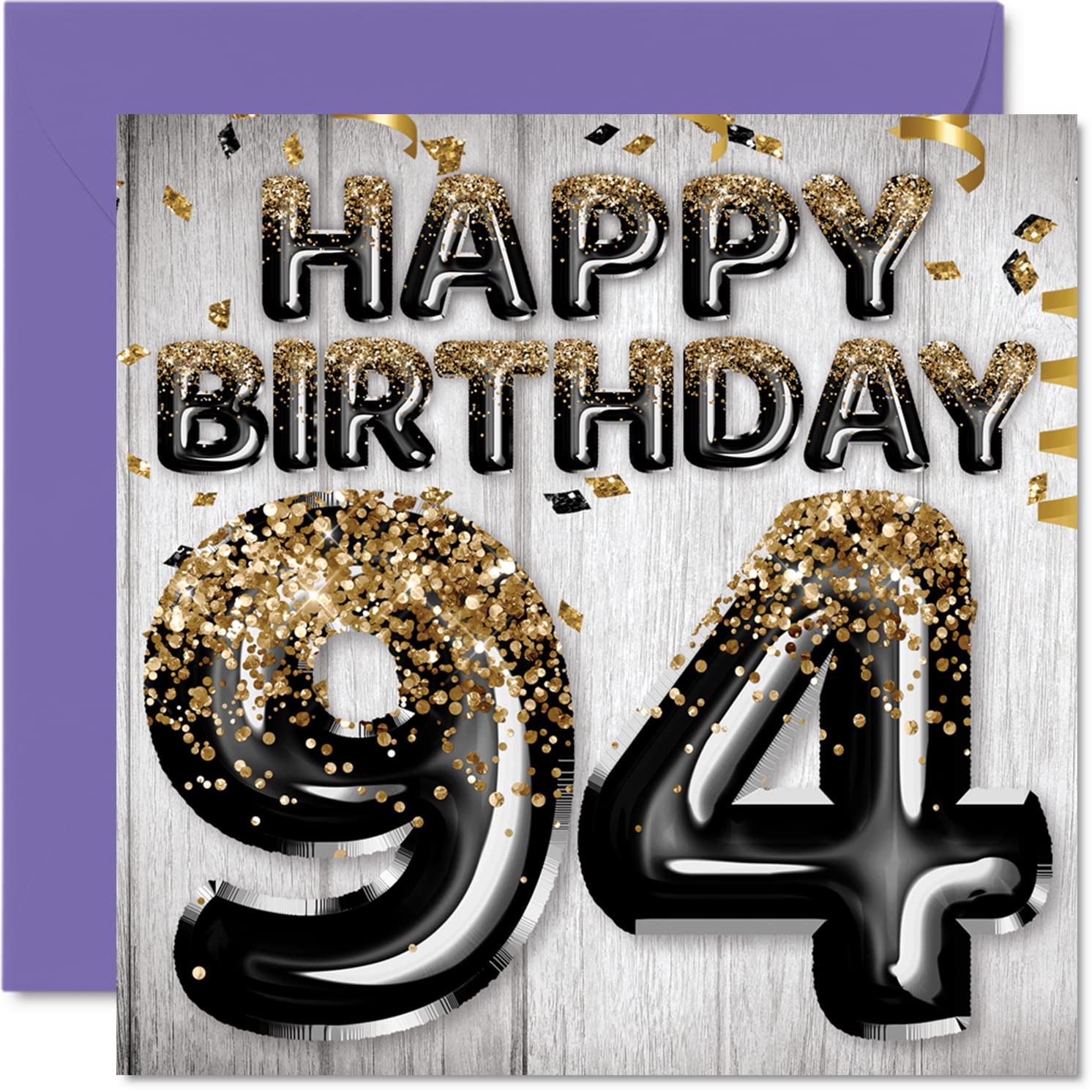 94th Birthday Card for Men, Black & Gold Glitter Balloons