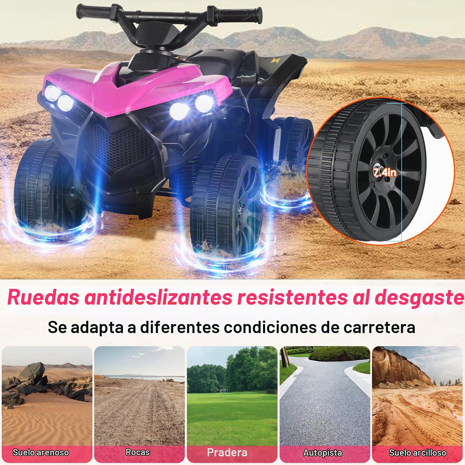 MAMIZO Quad Eléctrico Infantil 6V, Vehículo Eléctrico para Niños de 3 a 8 Años, Vehículo Eléctrico Niños, 3 km/h, con MP3, Trompeta, Faro LED & Carga USB, 68x44x41 cm, Rosa,4 pcs Ruedas