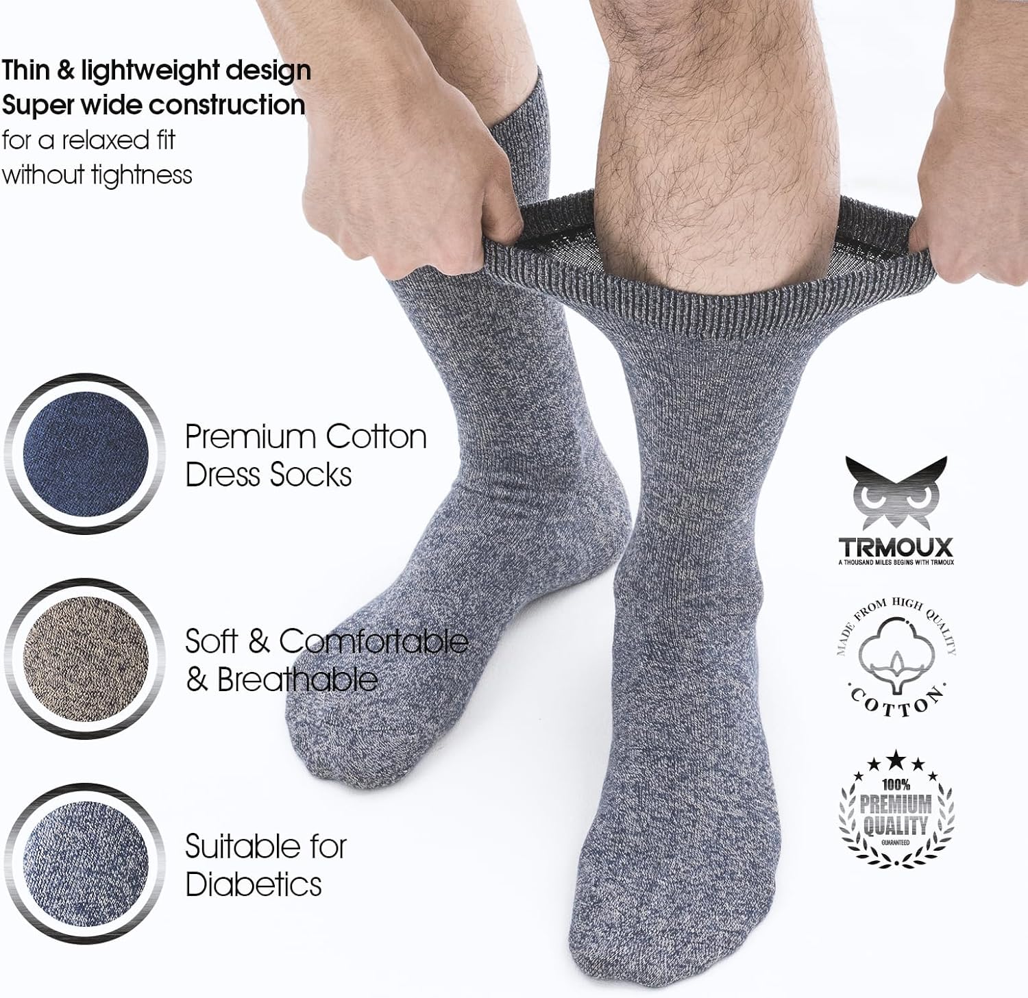 Mens Dress Socks Diabetic Socks for Men Colored Cotton Crew Thin Extra Wide Non-Binding Soft Breathable, 6-Pack - Image 2