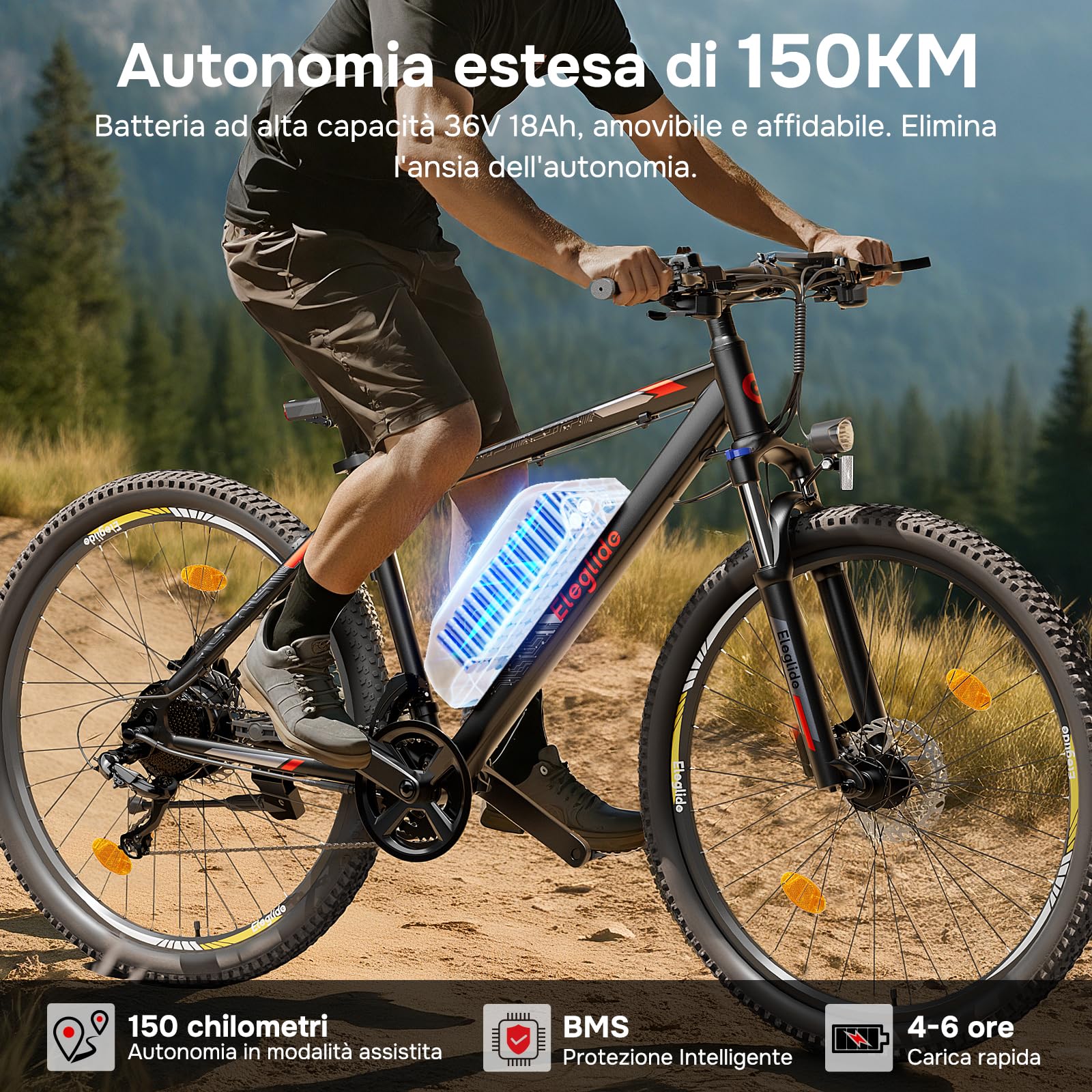 Eleglide Bicicletta elettrica, MTB Mopride 2 con Freno Idraulico a Disco, Mountain bike, Batteria Rimovibile da 15Ah, trasmissione 21-velocità, autonomia di 125 km