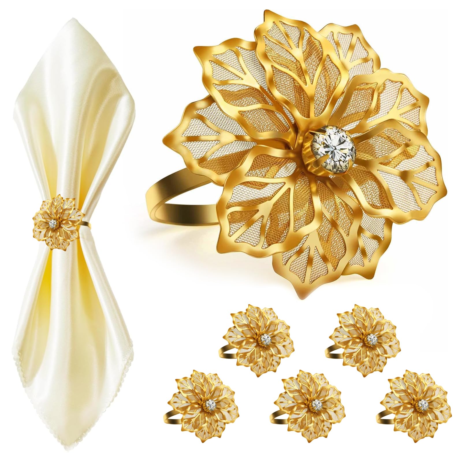 BelleVive Paquete de 6 servilleteros con flores ahuecadas para bodas, cenas de Navidad, banquetes de vacaciones, delicadas hebillas para servilletas, decoración, regalos (dorado)