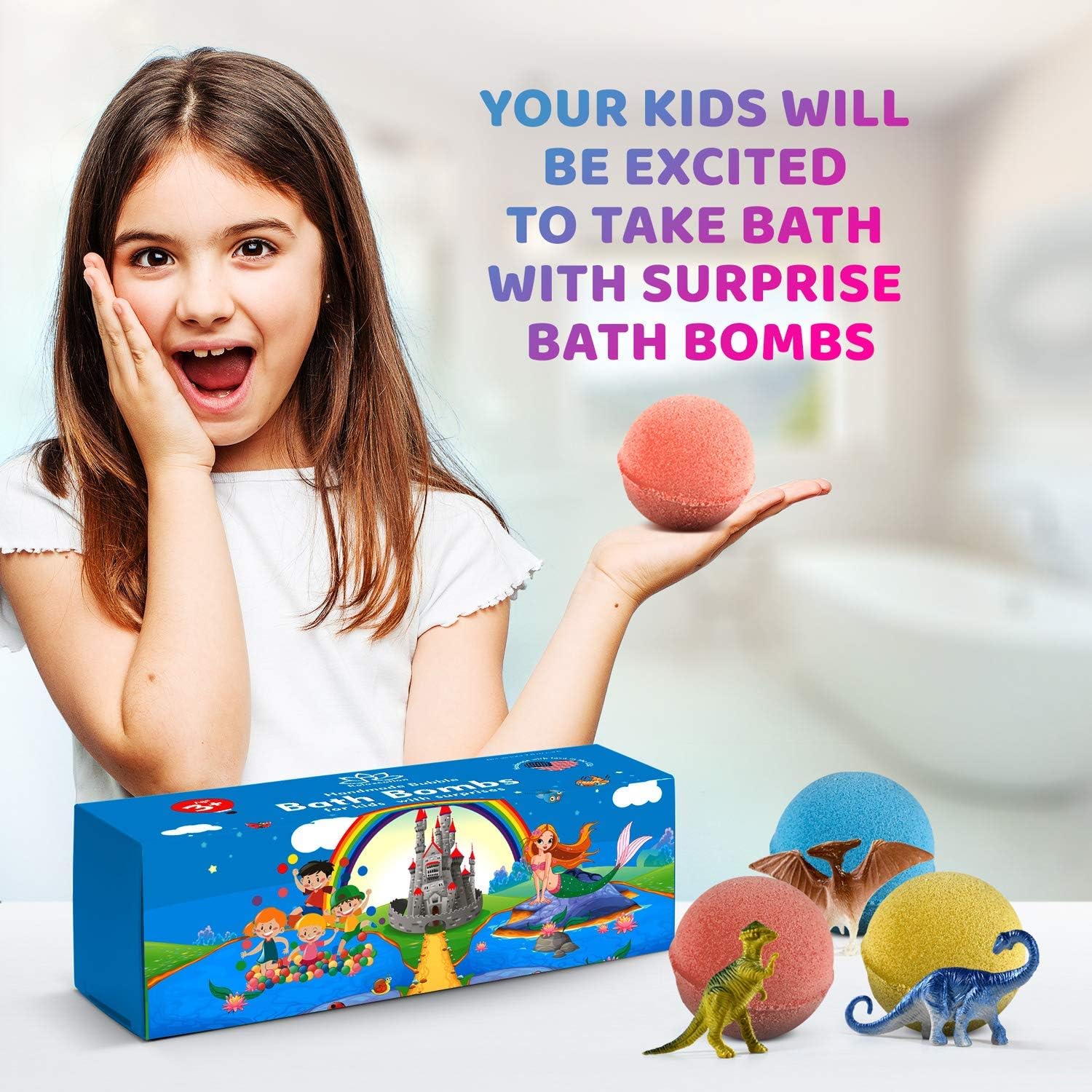 Organic Dino Bath Bombs for Kids for Easter with Surprise Inside Dinosaurs - 3 Organic Large Bath Bomb Kit Dino Inside - Great Fizzy and Bubble Safe for Boys and Girls