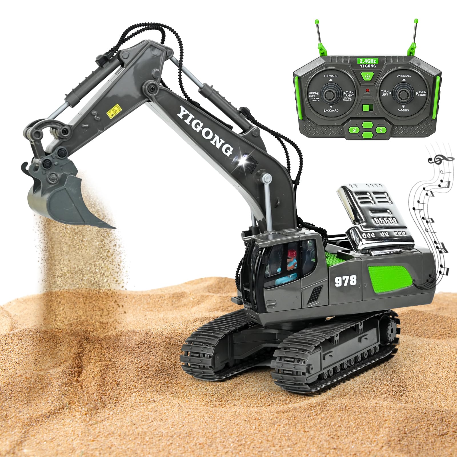 Ulikey Excavatrice Télécommandée Rechargeable Pour Enfants - Pelleteuse RC Avec Lumières Et Sons, Rotation 680° - Jaune