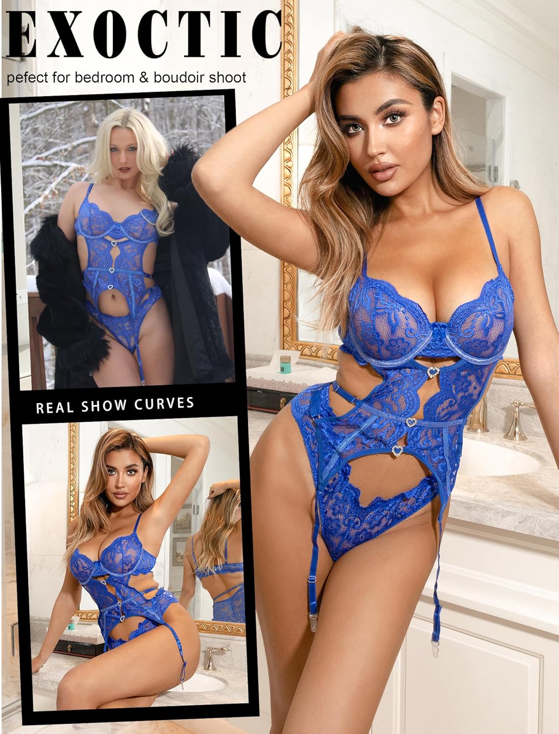 Avidlove Women's Underwire Lingerie Set with Garter Belt Sexy Lace Bodysuit Cut Out Rhinestone Teddy Lingerie (No Stockings) - Image 5