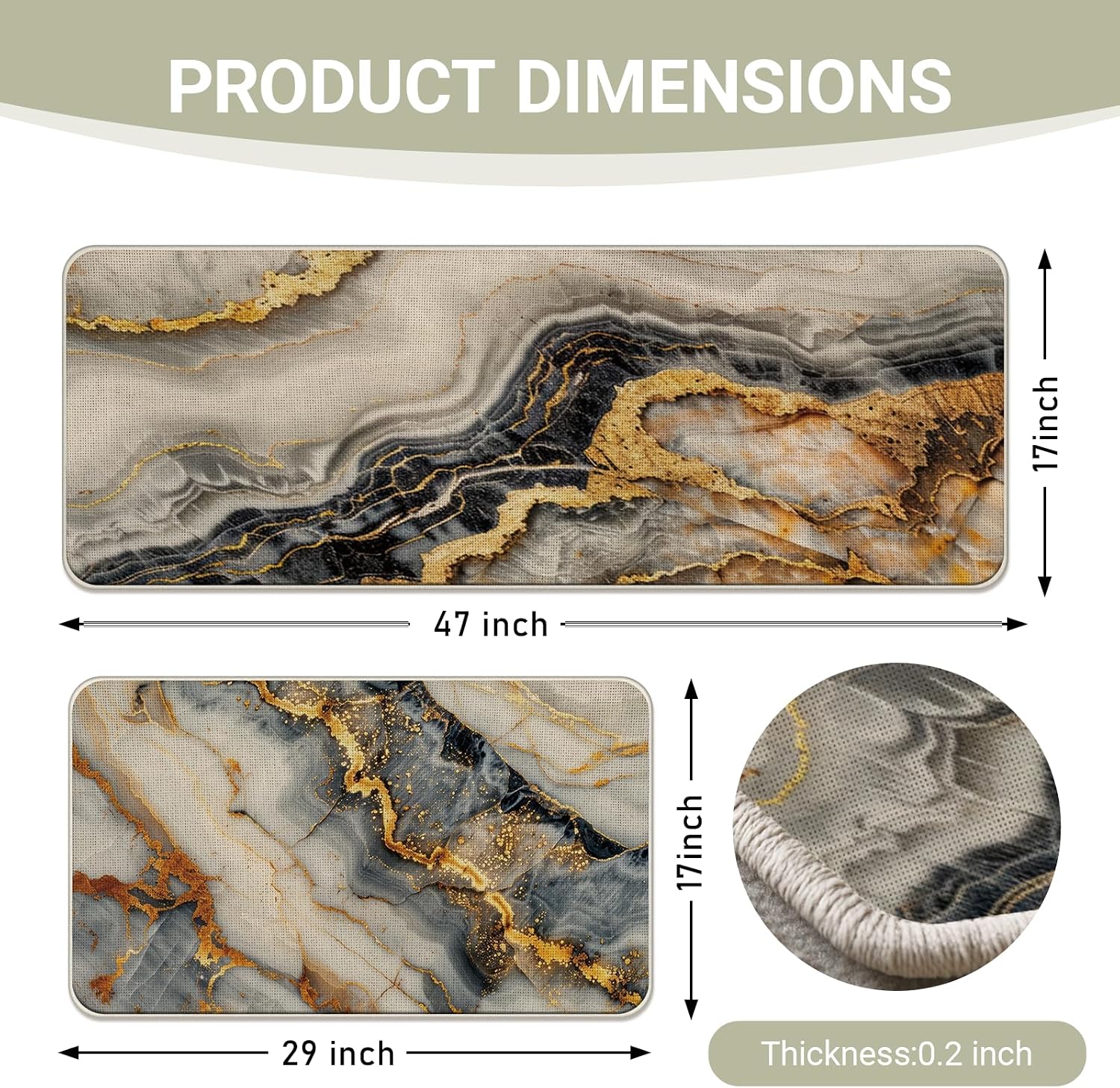Black White Gold Marble Texture Kitchen Rugs Set of 2, Modern Abstract Fluid Art Floor Mats Home Decor, Luxury Stone Door Mat Decorations - 17x29 and 17x47 Inches