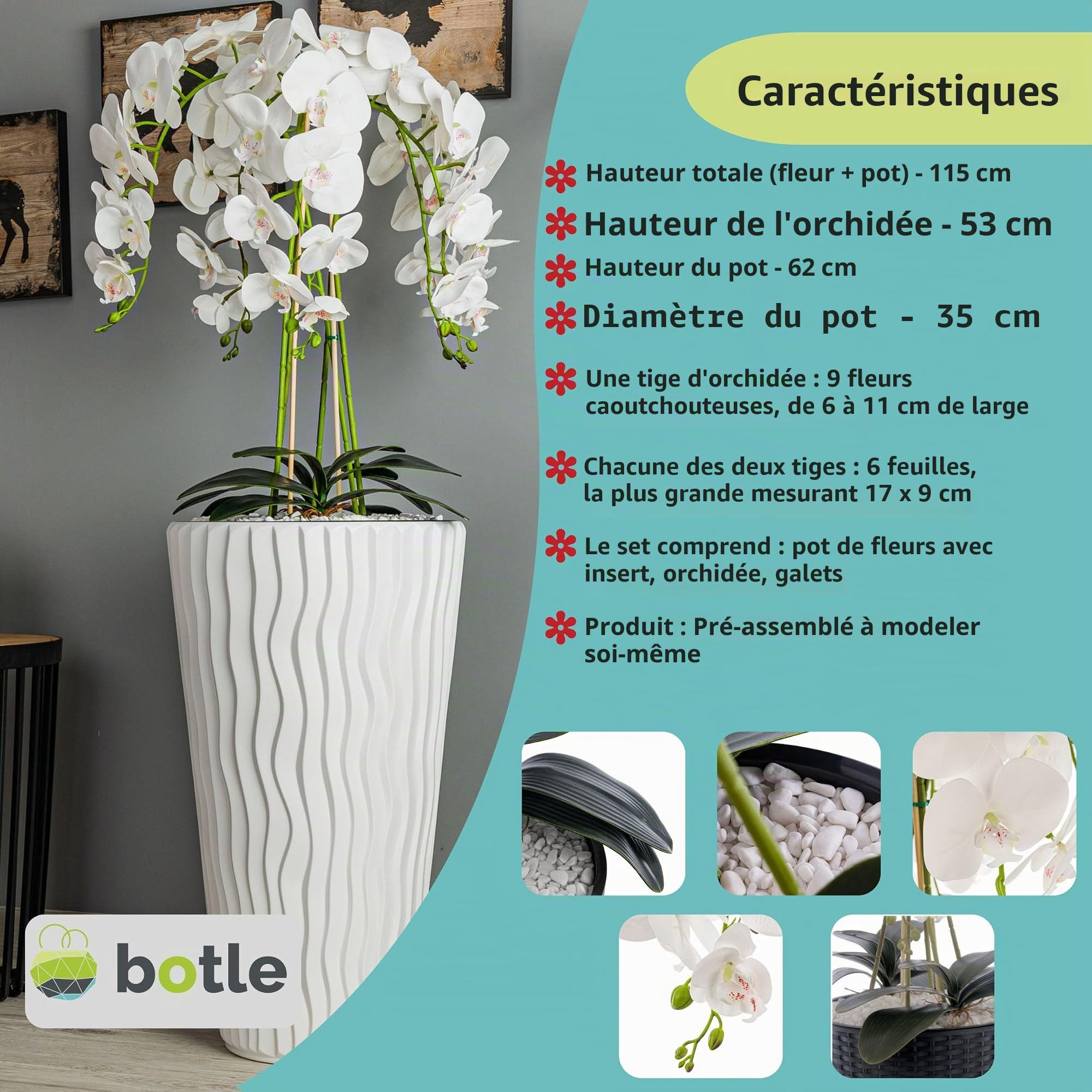 botle Bouquet d'orchidée artificielle en cascade blanche dans un pot blanc, hauteur 115 cm, décoration de bureau à domicile, plante artificielle, fleur artificielle, orchidée artificielle en pot