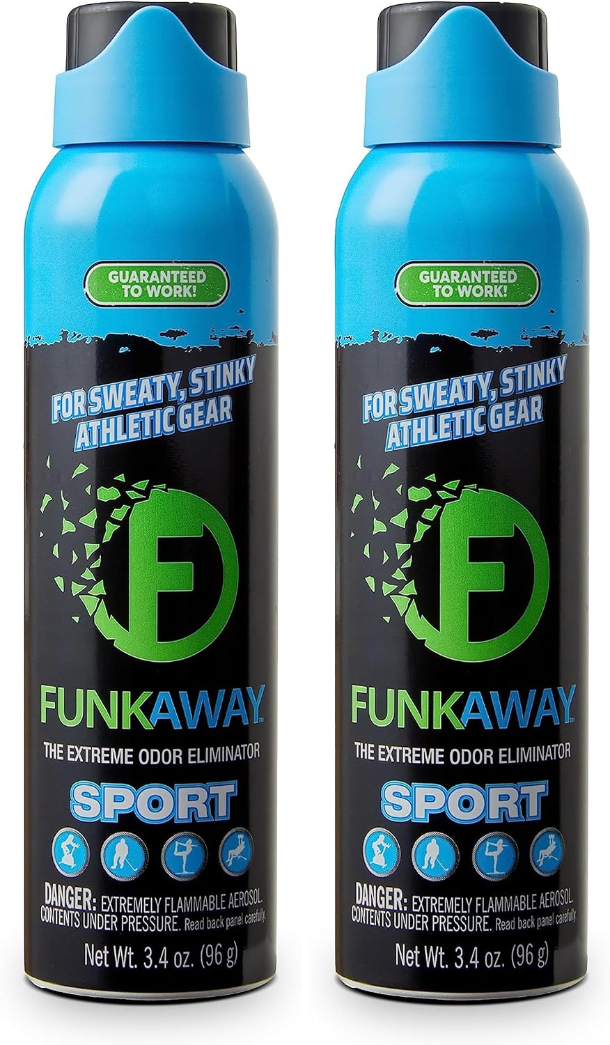 FunkAway Sport Aerosol Spray, 3.4 oz, The Extreme Odor Eliminator Refreshes Shoes and Sports Gear, For Stuff You Can't Put In The Wash, Satisfaction Guaranteed (Pack of 2)