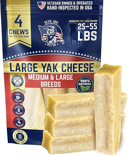Devil Dog Pet Co. Masticadores de queso de yak del Himalaya para perros, grandes - paquete de 4, 100% naturales y saludables, sin lactosa, golosinas