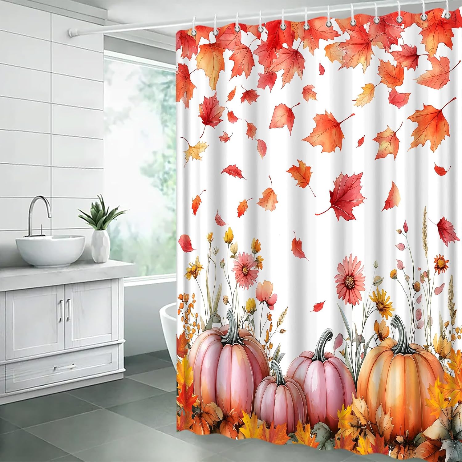 Fall Thanksgiving Extra Long Shower Curtain,Pumpkin Maple Leaf Floral Autumn Orange Pink Watercolor Bathroom Home Curtain Decor with Hooks,70x84 Inch