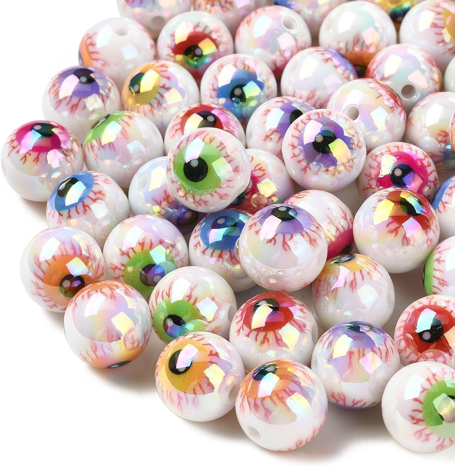 Ornazy 200 pcs Random 15mm Acrylic Eyeballs UV Plating Round Eye Spacer Beads Lucky Evil Eye Beads for DIY Bracelet Earring Crafts Making