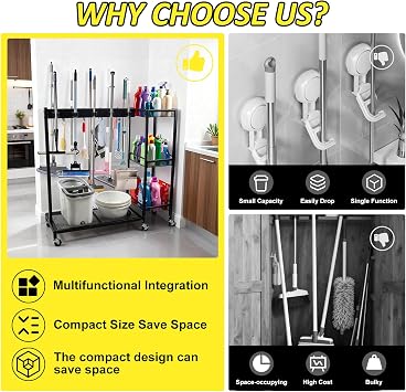 Broom Holder with Cleaning Supplies Organizer, Broom and Mop Holder, 2-In-1 Mobile Cleaning Trolley with Mop Storage with 3 Tier Shelves Cleaning Cart with Wheels for Laundry Room Housekeeping Black