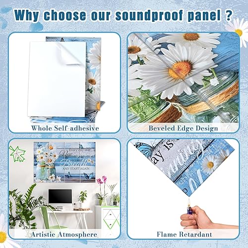 Miniatura 7 de Paquete de 8 paneles acústicos artísticos, paneles de pared insonorizados de 48 x 32 pulgadas, autoadhesivos, acolchados decorativos que absorben el