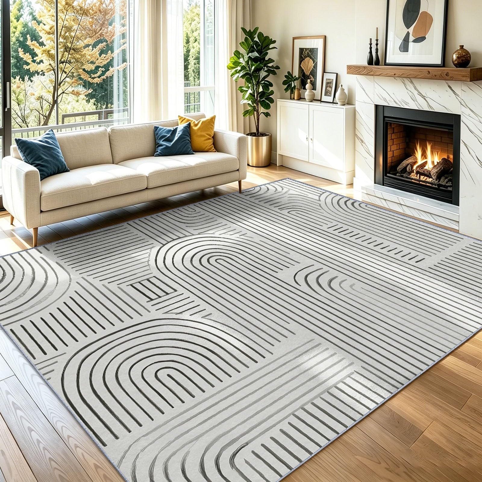 Tapis géométrique moderne à lignes blanches poil ras 120x180
