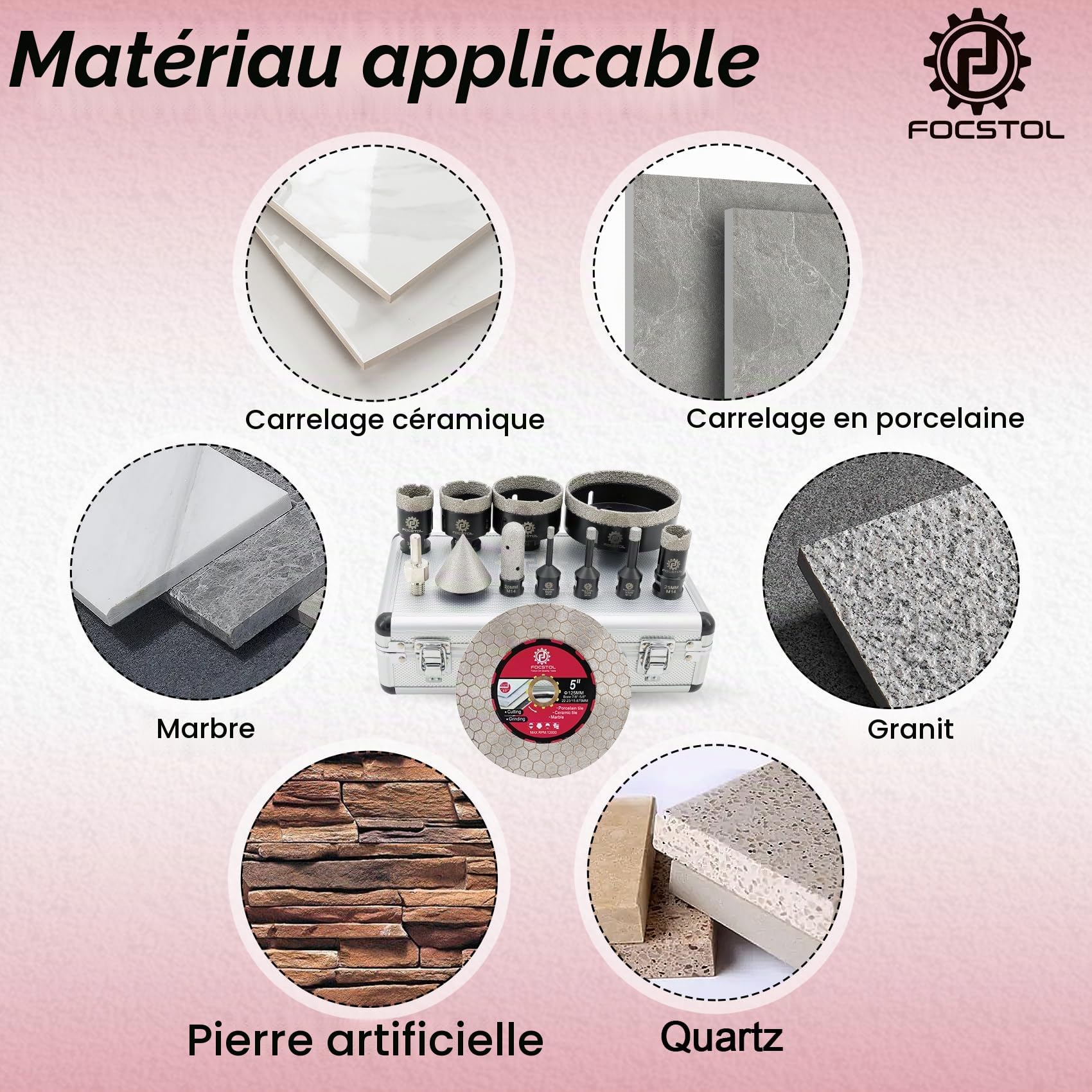 FOCSTOL Scie Cloche Carrelage Kit - Foret Diamant Carrelage Kit pour Porcelaine Marbre Granit 12 pièces (6/8/10/25/35/50/68/110mm+50mm Mèches Chanfrein+20mm Fraise+Adaptateur+125mm Disque)