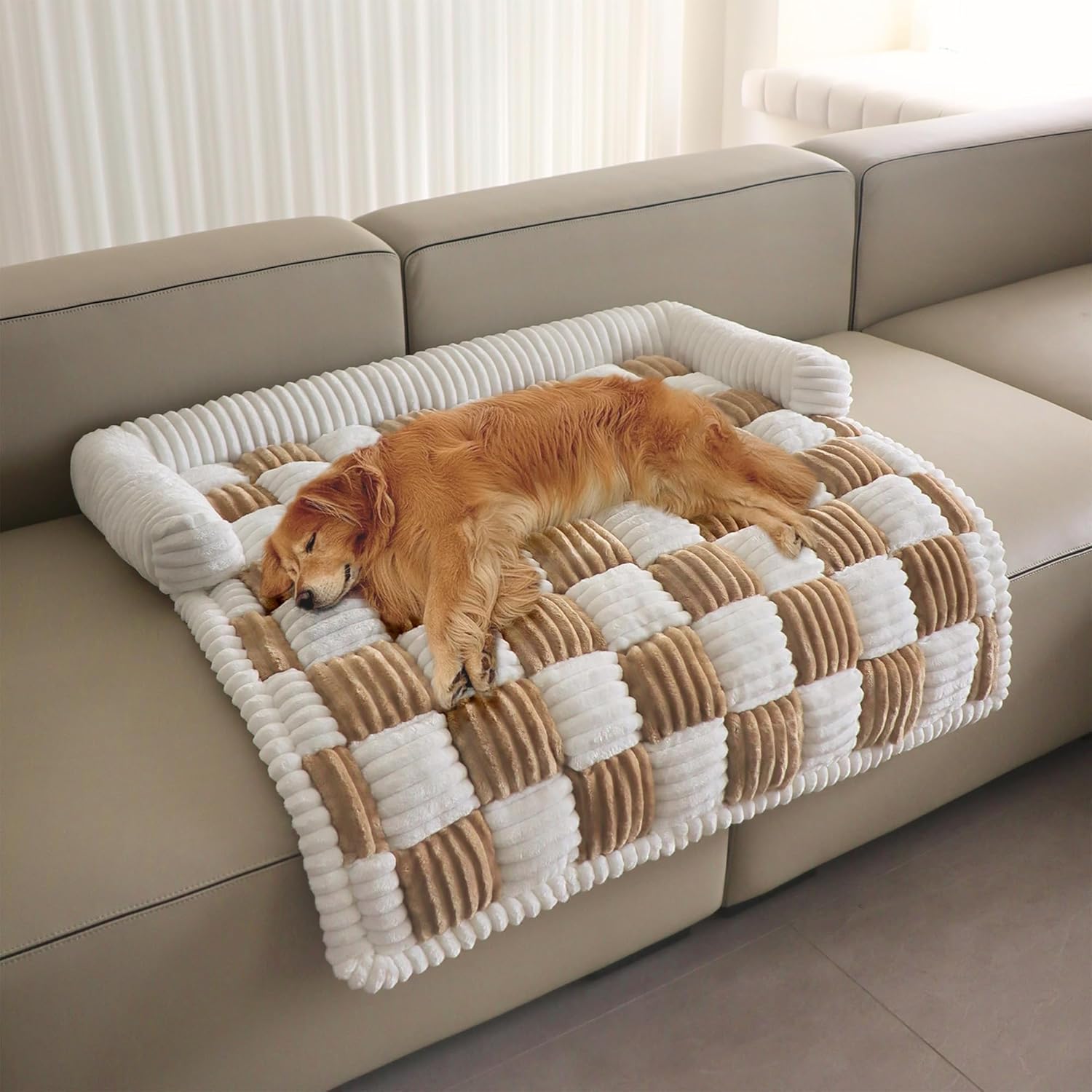 Couch Covers for Dogs and Cats, Fuzzy Dog Sofa bed with Cream Square Plaid, Plush Pet Couch Cover Bed, Thickened Quilted Furniture Protector Mat for Large Medium Pets (Light Brown 35.43"*35.43")