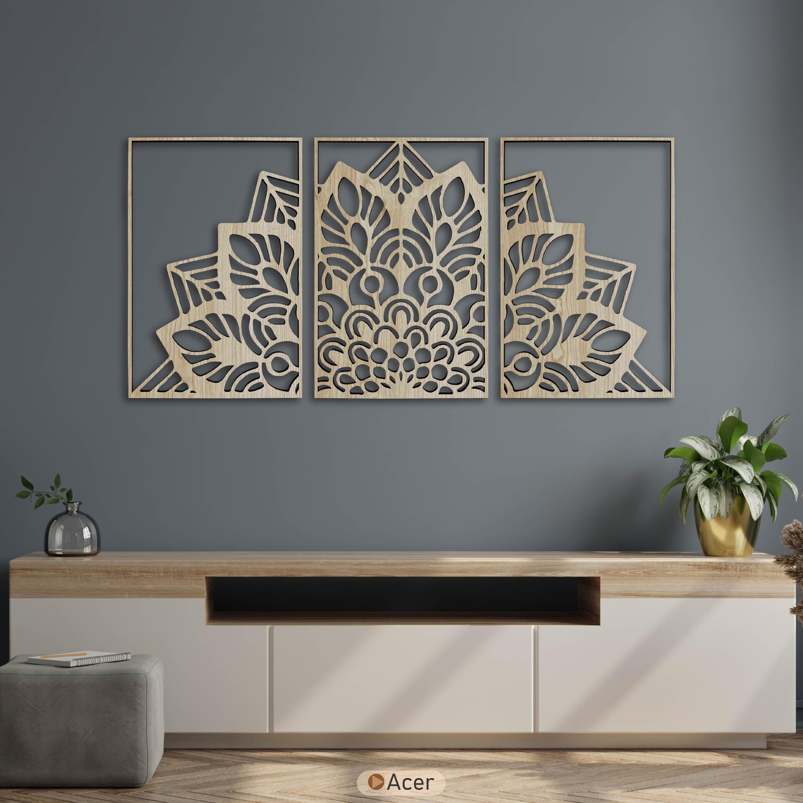 Sacred Lotus Mandala Holz Wandkunst Triptychon Moderne Zen Innen Holz Wanddekoration Boho Floral Geometrie Paneele Home Akzente Geschenk für Wohnzimmer und Schlafzimmer