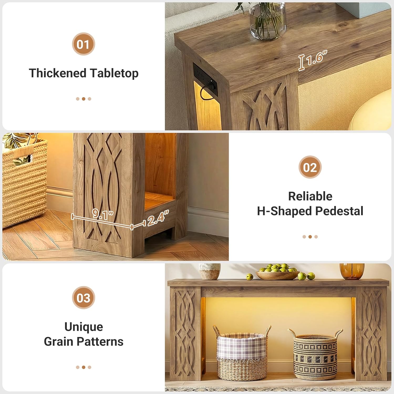 Cyclysio 63" Console Table with Outlet, Farmhouse Entryway Table with Colorful LED Lights, Wooden Sofa Table with Unique Carved Design, Foyer Accent Table for Entrance, Hallway, Living Room Natural