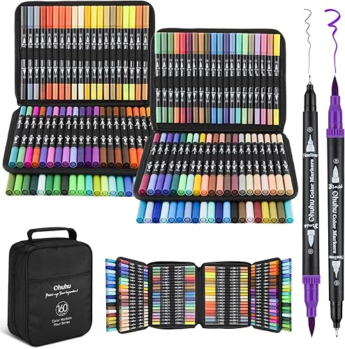 Ohuhu Markers for Adult Coloring Books 160 Colors Brush Pens Dual Brush Fine Tip Drawing Pens Water-Based Coloring Markers for Calligraphy Bullet