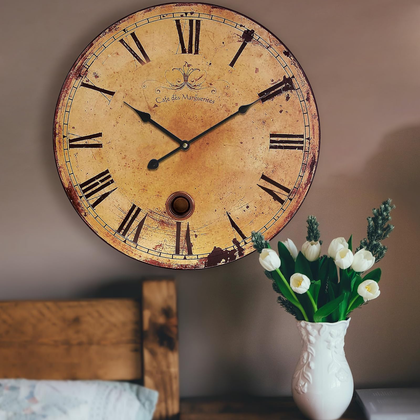 Rustic Large Wall Clock Silent Battery Operated for Farmhouse Livingroom,24 Inch Vintage Wall Clock Non-Ticking for Kitchen Bedroom Home School