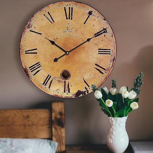 Reloj de pared rústico grande, silencioso, funciona con pilas, para sala de estar, estilo vintage, de 24 pulgadas, sin tictac, para cocina,