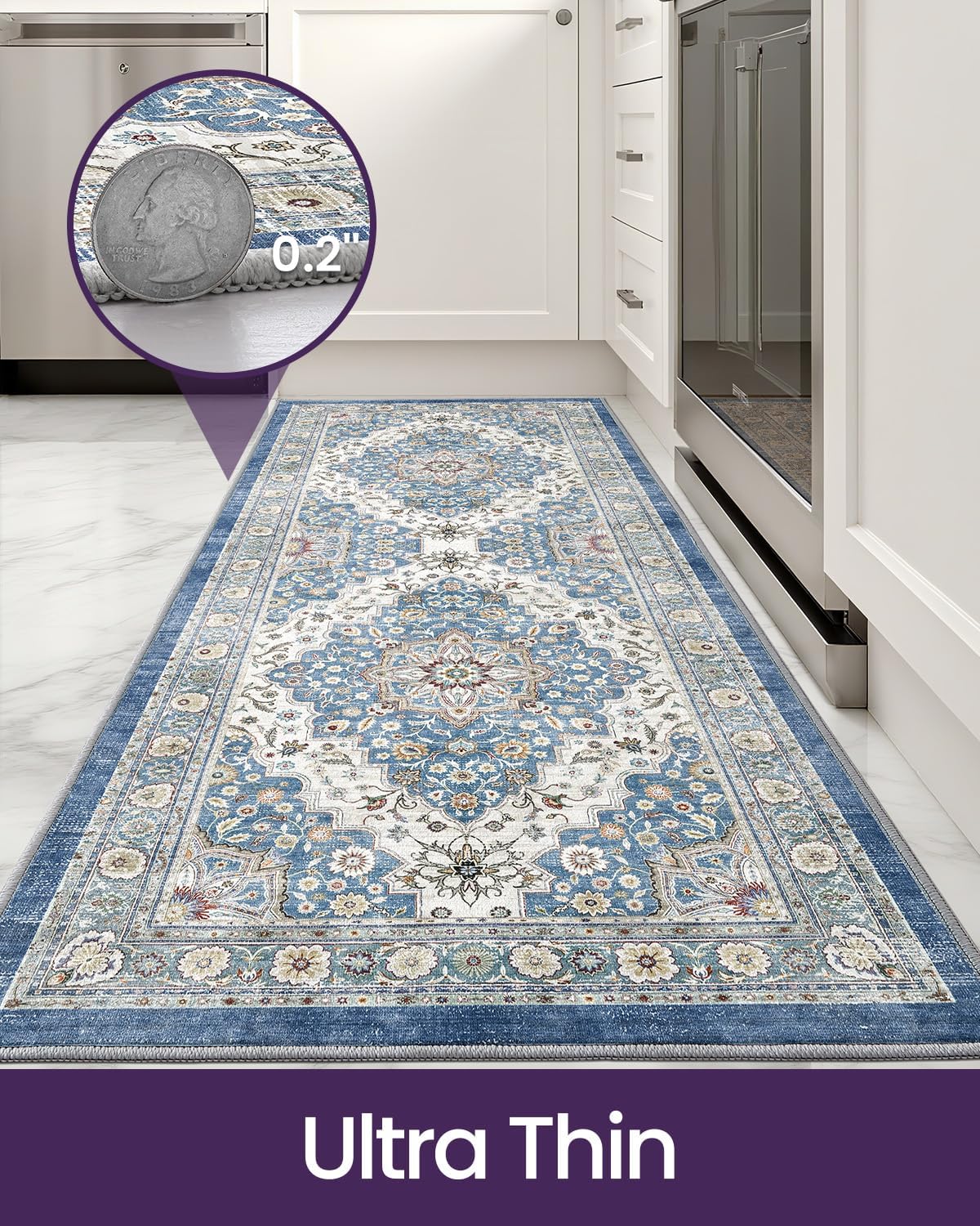 DEXI Kitchen Floor Mats 3 Pieces Non Slip, Washable Runner Rugs Absorbent,Thin Standing Carpet Soft Comfort for Sink Hallway Entryway Laundry Room Boho Decor, Blue