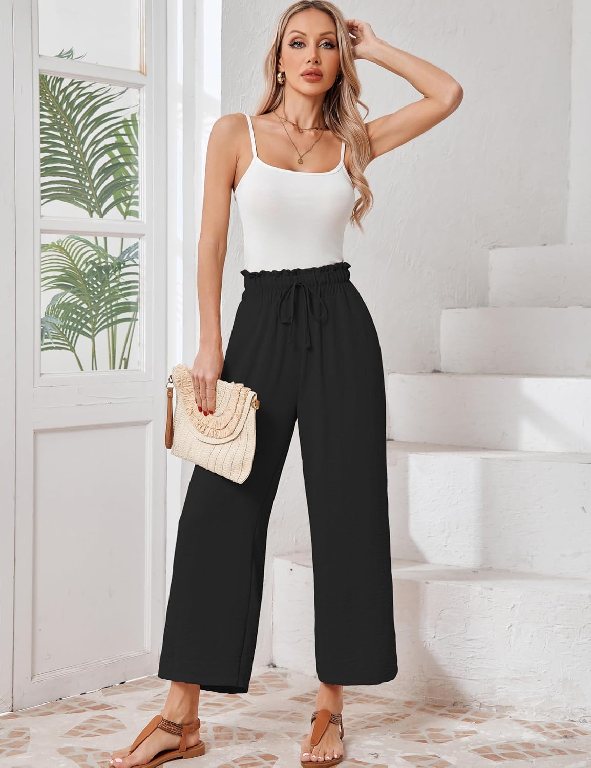 Wide Leg Pants for Women Drawstring Waisted Cropped Flowy Beach Pants Casual Outfits for Women with Pockets, S-XL - Image 2