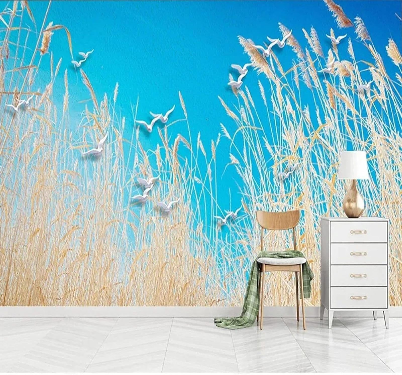 Tzxztt 250Cm×170Cm(B×H) Blue Sky Birds In Flight Reeds Pastoral Scenery Modern 3D Wallpaper Premium Textured Silk Neutral Tones Material Ideal For Living Room Bedroom-250Cm×170Cm